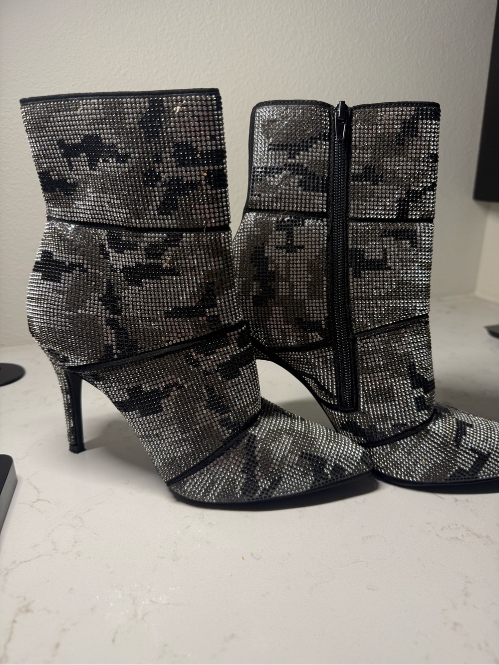 Glitter Pointed-Toe Ankle Boots in Silver and Black